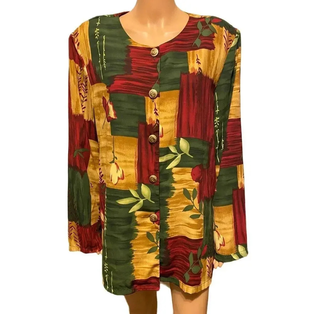 Vintage Y2K Artsy Elizabeth Willams Grannycore Button Up Blouse Top Women Sz XL